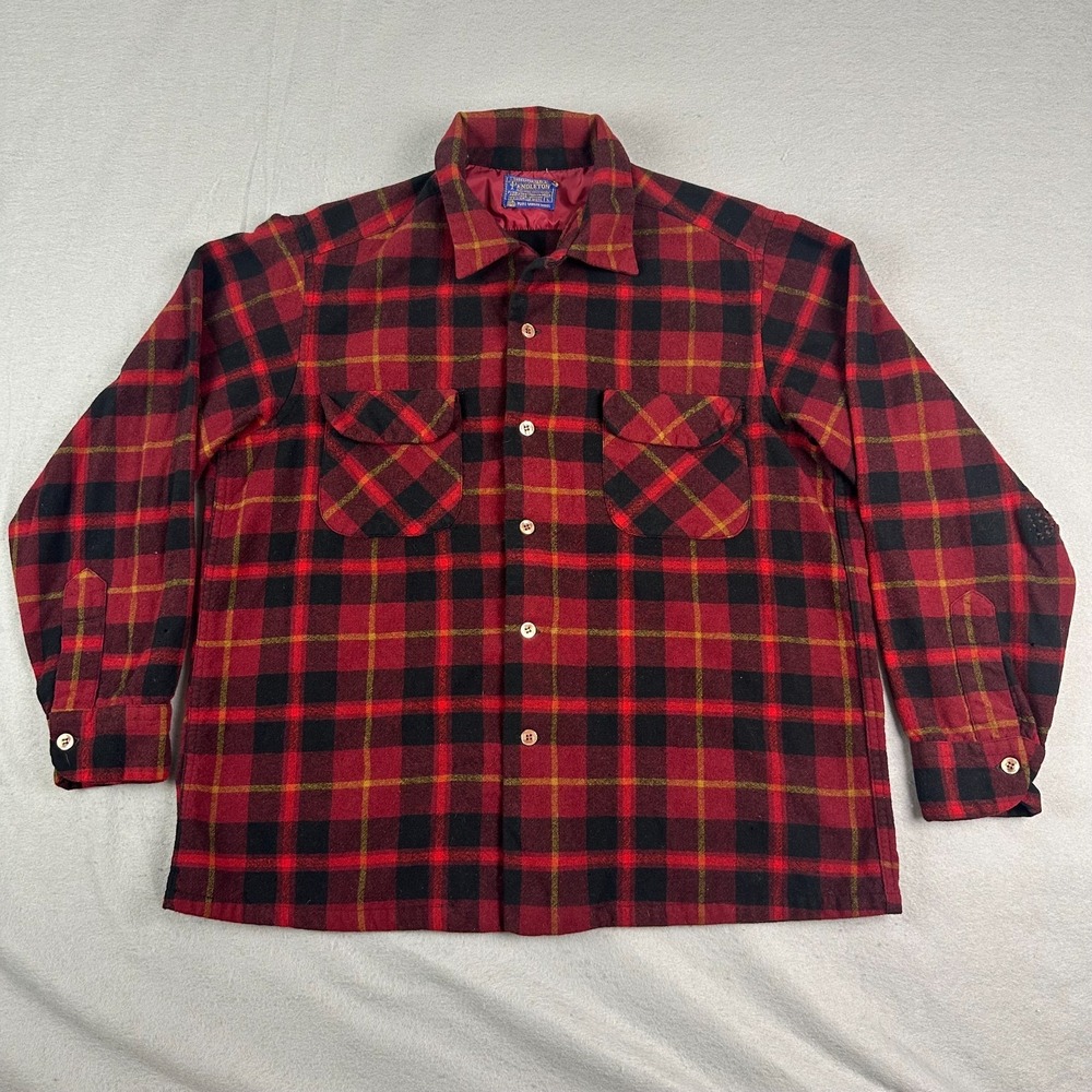 Vtg 60's Pendleton Wool Flannel Board Shirt Lg Loop Collar Shadow Plaid